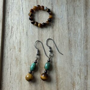 BUNDLE! Handcrafted Tiger Eye and Turquoise Bead Earrings and Ring Set
